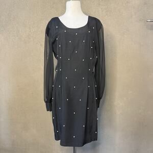 Vintage 80s 90s T Juniors Black Sheer Sleeve Pearl Dress USA Made
